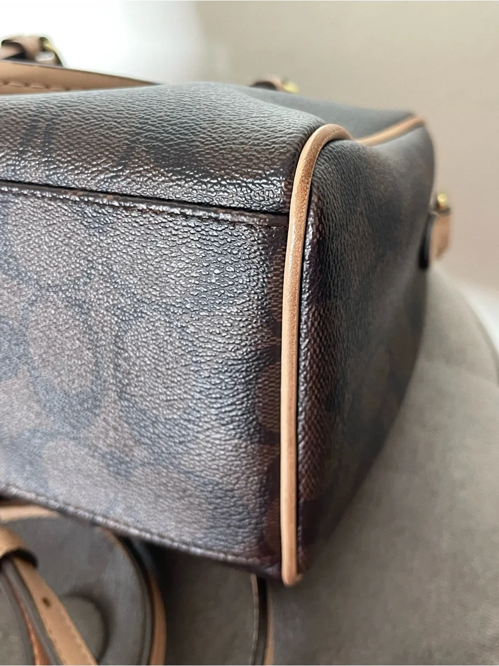 Coach Brown Signature Satchel with Beige Trim and Red Tag